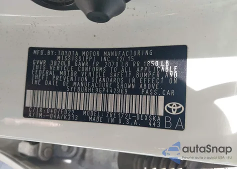 2016 Toyota Corolla S Plus из США, поврежденный, VIN 5YFBURHE9GP442969